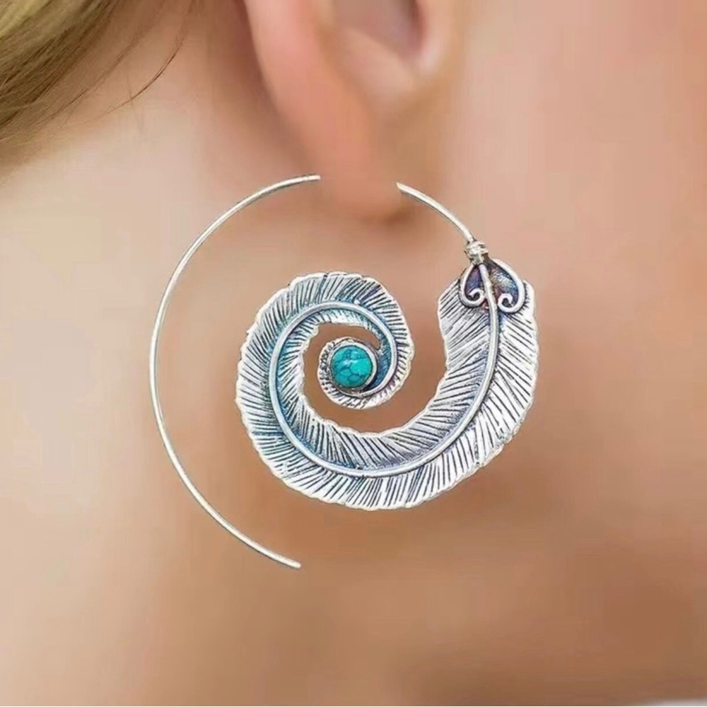 Silver Boho Western Geometric Spiral Feather Turquoise Earrings